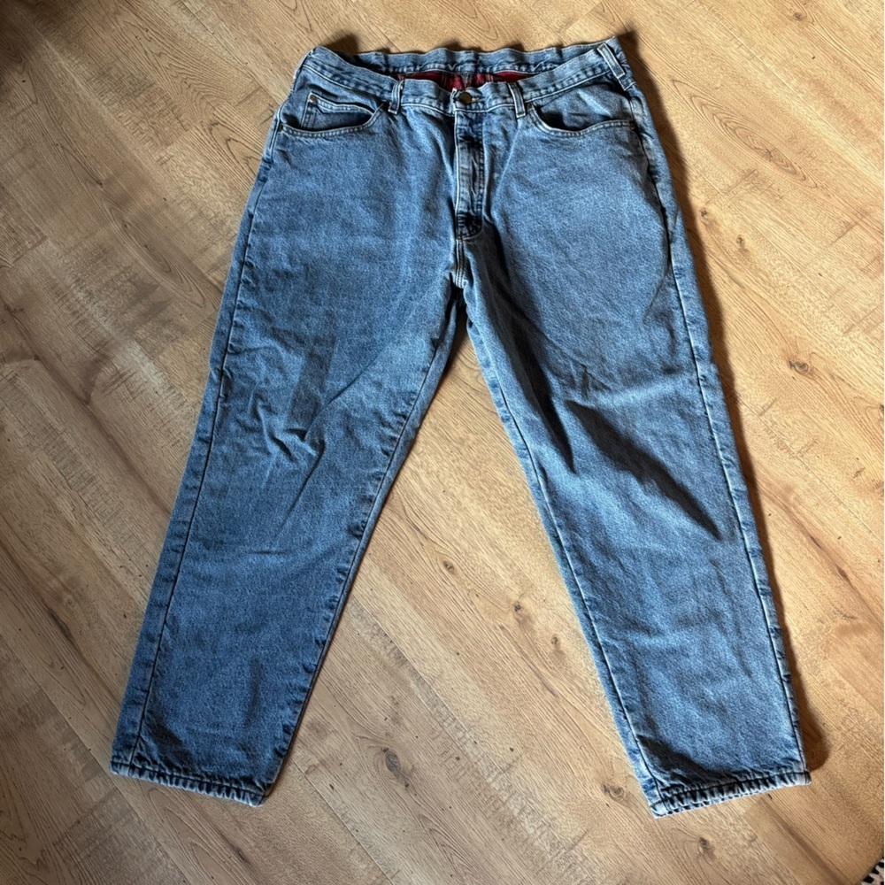 L.L. Bean Men's Relaxed Fit Red Plaid Flannel Lined Blue Jeans 42x30